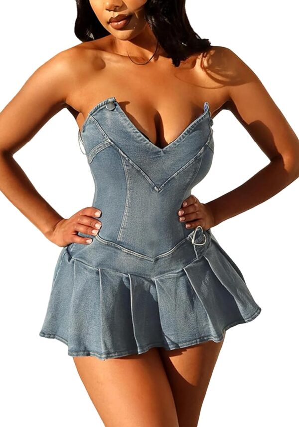 NRTHYE Women's Sexy Strapless Denim Dress Off Shoulder Corset Tube Summer Mini Jean Dresses