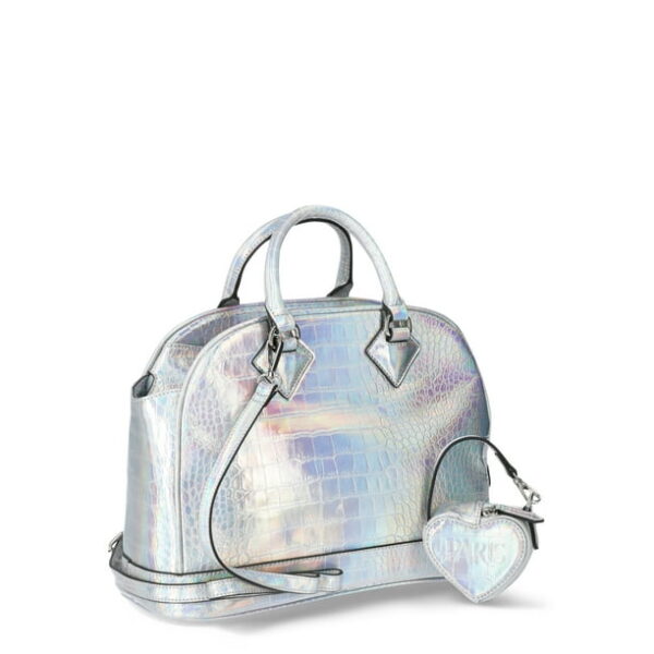 Paris Hilton Women's Geneva Triple Compartment Quilted Satchel & Heart Coin Purse, Iridescent Silver