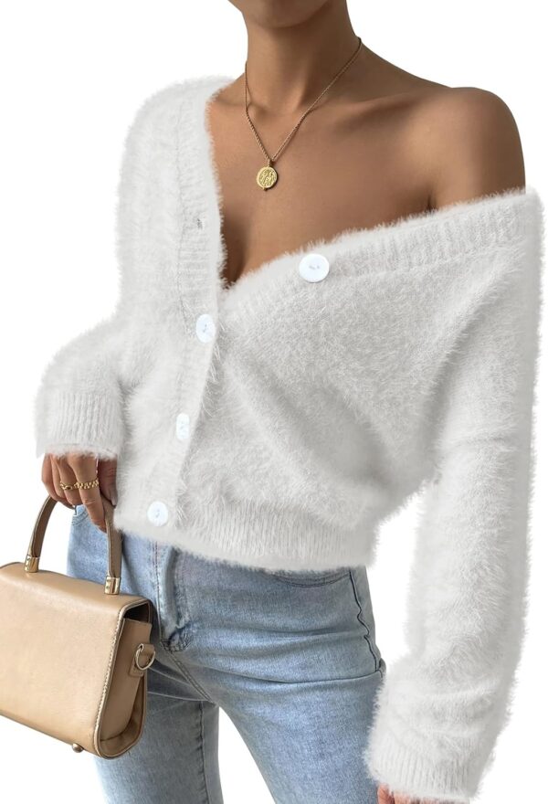 Pink Queen Women's Furry Cropped Cardigan Batwing Sleeves Open Front V-Neck Button Down Loose Casual Knit Sweater Coat