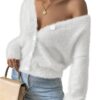 Pink Queen Women's Furry Cropped Cardigan Batwing Sleeves Open Front V-Neck Button Down Loose Casual Knit Sweater Coat