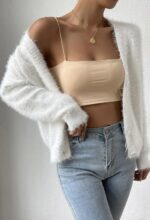 Pink Queen Women's Furry Cropped Cardigan Batwing Sleeves Open Front V-Neck Button Down Loose Casual Knit Sweater Coat