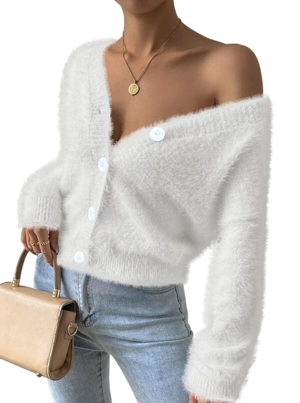 Pink Queen Women's Furry Cropped Cardigan Batwing Sleeves Open Front V-Neck Button Down Loose Casual Knit Sweater Coat