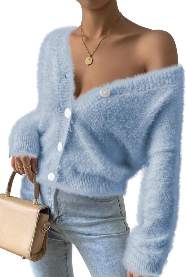 Pink Queen Women's Furry Cropped Cardigan Batwing Sleeves Open Front V-Neck Button Down Loose Casual Knit Sweater Coat