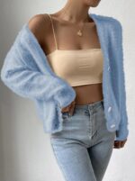 Pink Queen Women's Furry Cropped Cardigan Batwing Sleeves Open Front V-Neck Button Down Loose Casual Knit Sweater Coat