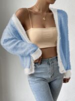 Pink Queen Women's Furry Cropped Cardigan Color Block Batwing Sleeves Open Front V-Neck Button Down Knit Sweater Coat