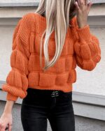 PRETTYGARDEN Women's 2024 Fall Sweaters Casual Crew Neck Pullover Long Puff Sleeve Loose Plain Chunky Knit Cute Blouse Tops