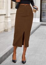 PRETTYGARDEN Women's Fall Midi Pencil Skirts Dressy Casual Work Office High Waisted Trendy Winter Corduroy Skirt with Slit