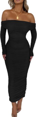 PRETTYGARDEN Women's Fall Off Shoulder Maxi Bodycon Dress Long Sleeve Ruched Fitted Club Dresses with Slit