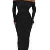 PRETTYGARDEN Women's Fall Off Shoulder Maxi Bodycon Dress Long Sleeve Ruched Fitted Club Dresses with Slit