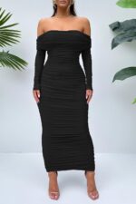 PRETTYGARDEN Women's Fall Off Shoulder Maxi Bodycon Dress Long Sleeve Ruched Fitted Club Dresses with Slit