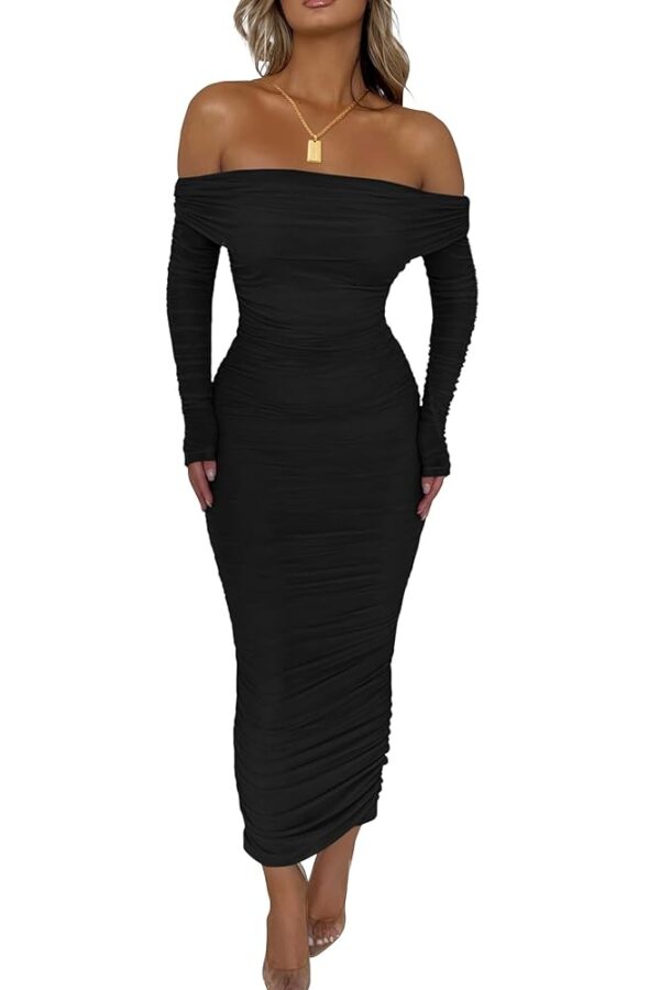 PRETTYGARDEN Women's Fall Off Shoulder Maxi Bodycon Dress Long Sleeve Ruched Fitted Club Dresses with Slit