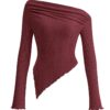 PRETTYGARDEN Women's Long Sleeve Y2K Crop Top Trendy Off Shoulder Asymmetrical Fitted Knit Tee Shirts Going Out Tops