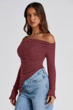 PRETTYGARDEN Women's Long Sleeve Y2K Crop Top Trendy Off Shoulder Asymmetrical Fitted Knit Tee Shirts Going Out Tops