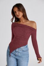 PRETTYGARDEN Women's Long Sleeve Y2K Crop Top Trendy Off Shoulder Asymmetrical Fitted Knit Tee Shirts Going Out Tops