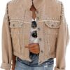 PUWEI Dressy Rivet Studded White Cropped Jean Jacket Women Western Distressed Washed Denim Coat