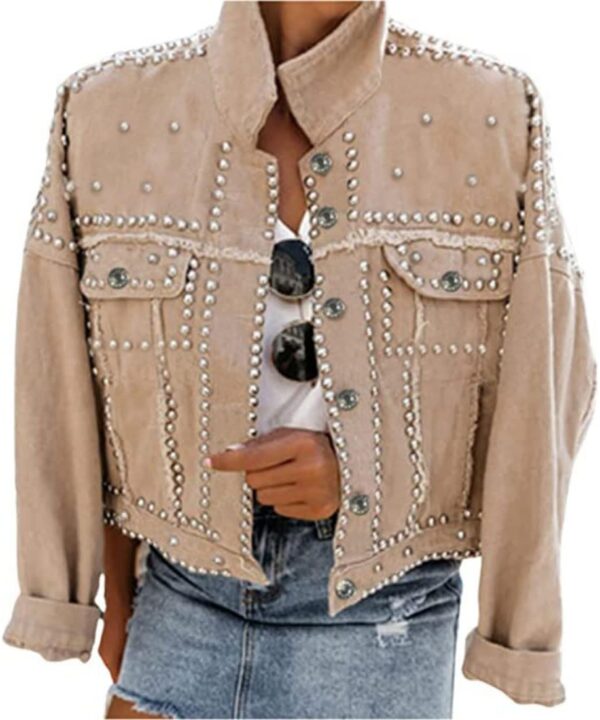 PUWEI Dressy Rivet Studded White Cropped Jean Jacket Women Western Distressed Washed Denim Coat