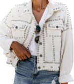 PUWEI Dressy Rivet Studded White Cropped Jean Jacket Women Western Distressed Washed Denim Coat