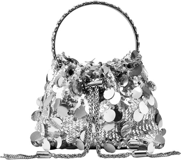 QZUnique Rhinestone/Sequin Bucket Bag with Jewelry Set Women Silver Bling Evening Handbag Glitter Diamond Cell Phone Purse