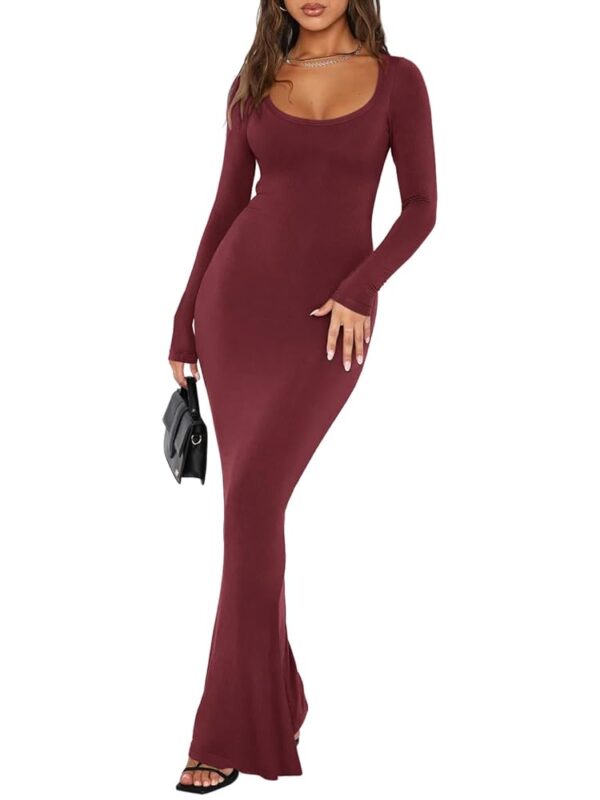 REORIA Womens Basic Sexy Square Neck Long Sleeve Soft Lounge Long Dress Fall Casual Ribbed Bodycon Maxi Dresses