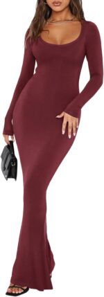 REORIA Womens Basic Sexy Square Neck Long Sleeve Soft Lounge Long Dress Fall Casual Ribbed Bodycon Maxi Dresses