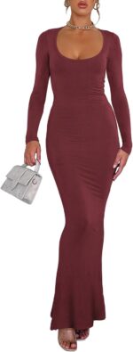 REORIA Womens Basic Sexy Square Neck Long Sleeve Soft Lounge Long Dress Fall Casual Ribbed Bodycon Maxi Dresses