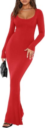 REORIA Womens Basic Sexy Square Neck Long Sleeve Soft Lounge Long Dress Fall Casual Ribbed Bodycon Maxi Dresses