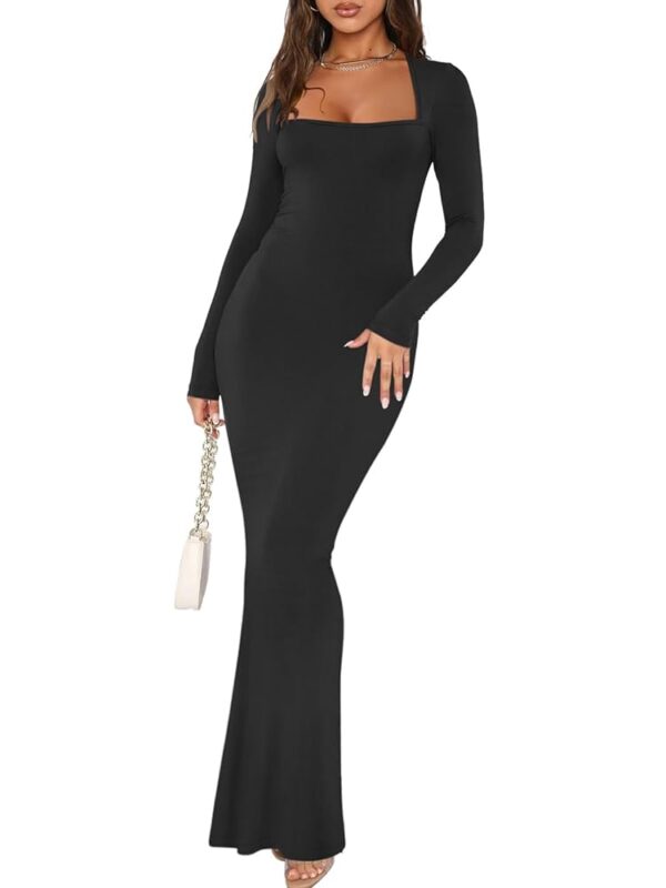 REORIA Womens Basic Sexy Square Neck Long Sleeve Soft Lounge Long Dress Fall Casual Ribbed Bodycon Maxi Dresses