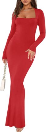 REORIA Womens Basic Sexy Square Neck Long Sleeve Soft Lounge Long Dress Fall Casual Ribbed Bodycon Maxi Dresses