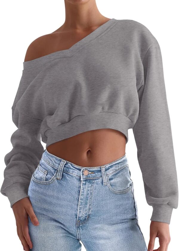 REORIA Womens Cropped Oversized Sweatshirts V Neck Long Sleeve Pullover 2024 Fall Teen Girls Y2K Fashion Crop Tops