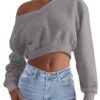 REORIA Womens Cropped Oversized Sweatshirts V Neck Long Sleeve Pullover 2024 Fall Teen Girls Y2K Fashion Crop Tops