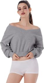 REORIA Womens Cropped Oversized Sweatshirts V Neck Long Sleeve Pullover 2024 Fall Teen Girls Y2K Fashion Crop Tops