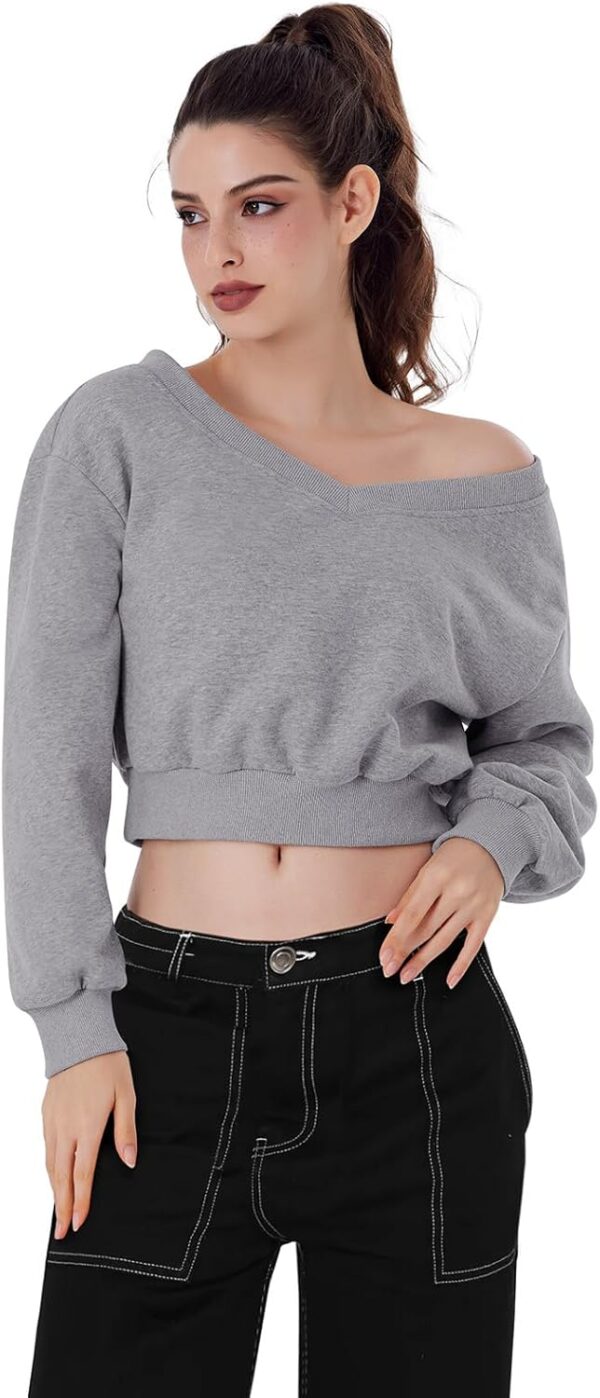 REORIA Womens Cropped Oversized Sweatshirts V Neck Long Sleeve Pullover 2024 Fall Teen Girls Y2K Fashion Crop Tops