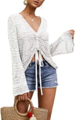 Saodimallsu Womens Boho Off Shoulder Sheer Crop Tops Bell Sleeve Flowy Oversized Crochet Ruched Pullover Sweaters