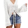 Saodimallsu Womens Boho Off Shoulder Sheer Crop Tops Bell Sleeve Flowy Oversized Crochet Ruched Pullover Sweaters