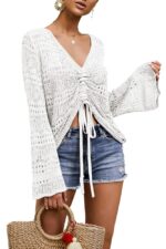 Saodimallsu Womens Boho Off Shoulder Sheer Crop Tops Bell Sleeve Flowy Oversized Crochet Ruched Pullover Sweaters