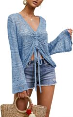 Saodimallsu Womens Boho Off Shoulder Sheer Crop Tops Bell Sleeve Flowy Oversized Crochet Ruched Pullover Sweaters