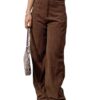 SCUSTY Women's Vintage Corduroy High Elastic Waist Wide Leg Pocketed Pants Trouser