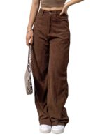 SCUSTY Women's Vintage Corduroy High Elastic Waist Wide Leg Pocketed Pants Trouser