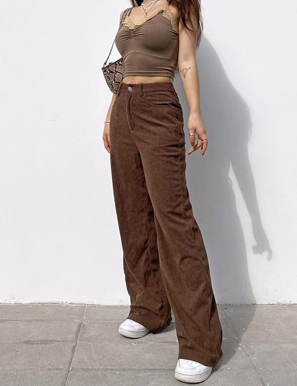 SCUSTY Women's Vintage Corduroy High Elastic Waist Wide Leg Pocketed Pants Trouser