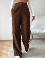 SCUSTY Women's Vintage Corduroy High Elastic Waist Wide Leg Pocketed Pants Trouser