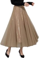 Sequin Long Tulle Skirt Layered Flowy Fairy Sparkle Party Mesh Tea Length Big Hem Skirts for Women