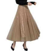 Sequin Long Tulle Skirt Layered Flowy Fairy Sparkle Party Mesh Tea Length Big Hem Skirts for Women