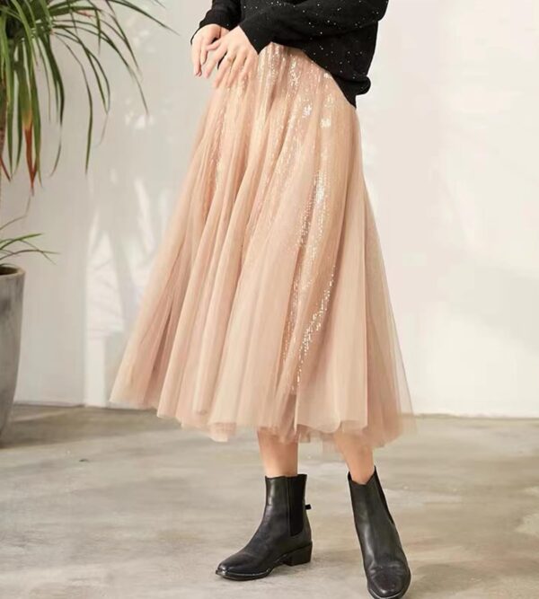 Sequin Long Tulle Skirt Layered Flowy Fairy Sparkle Party Mesh Tea Length Big Hem Skirts for Women