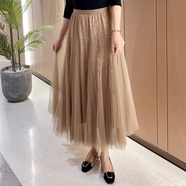 Sequin Long Tulle Skirt Layered Flowy Fairy Sparkle Party Mesh Tea Length Big Hem Skirts for Women