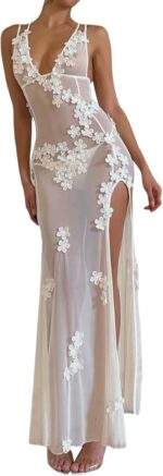 Sexy See Through Sheer Lace Maxi Dress Patchwork Backless Bodycon Long Dresses Beach Vacation Party Wear