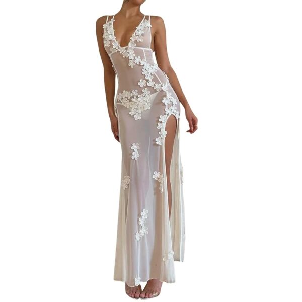 Sexy See Through Sheer Lace Maxi Dress Patchwork Backless Bodycon Long Dresses Beach Vacation Party Wear