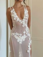 Sexy See Through Sheer Lace Maxi Dress Patchwork Backless Bodycon Long Dresses Beach Vacation Party Wear