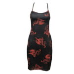 Sexy Women Summer Sleeveless Bodycon Slim Dragon Printing Mini Dress,Spaghetti Strap Backless Back Bandage Dress Black