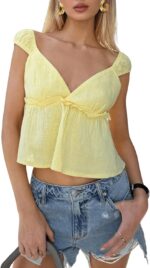 SHENHE Women's Cropped Blouse Sleeveless V Neck Ruffle Hem Peplum Boho Crop Tops