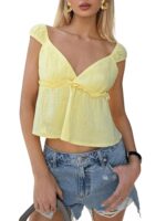 SHENHE Women's Cropped Blouse Sleeveless V Neck Ruffle Hem Peplum Boho Crop Tops